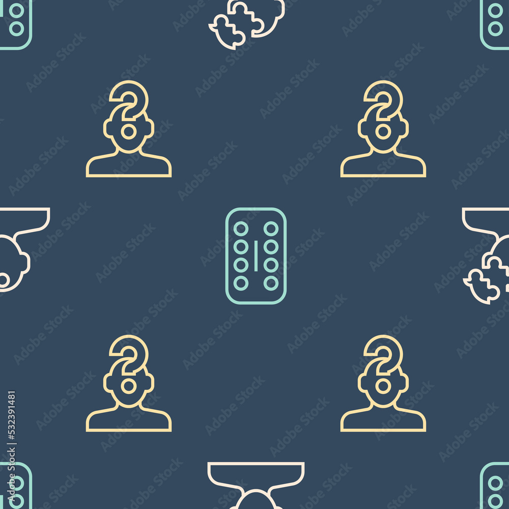 Poster set line solution problem in psychology, human with question mark and sedative pills on seamless pat