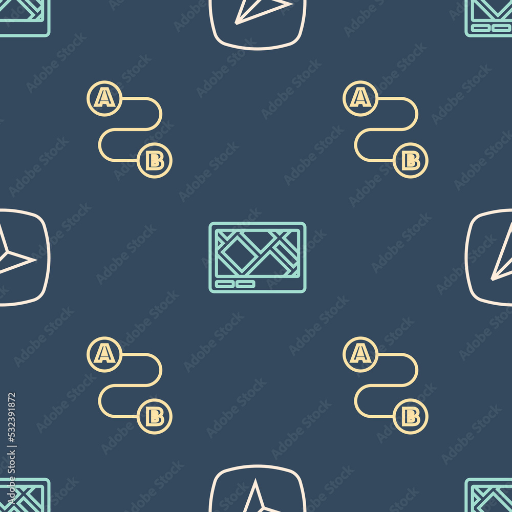 Poster set line city map navigation, route location and gps device with on seamless pattern. vector