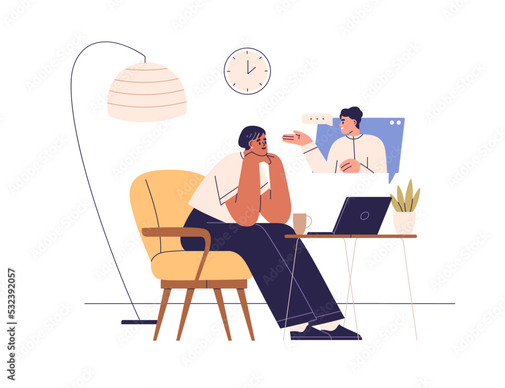 Poster online video call of colleagues. virtual remote business communication. work via internet, network c