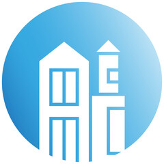 office building and tower in blue circle background