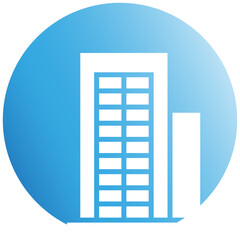 office building and tower in blue circle background