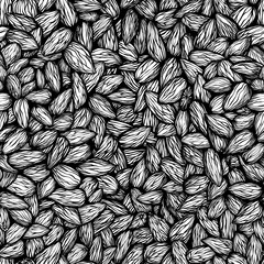 Seamless almond pattern, hand drawn black and white pattern - a pile of almond seeds, uncolored wrapping paper pattern, good for package design