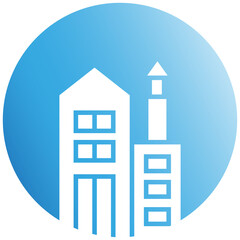 office building and tower in blue circle background