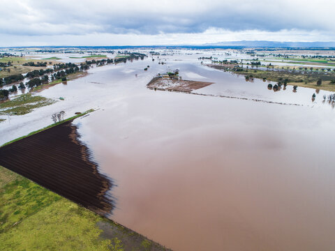 Farm Crop Paddocks Underwater During Natural Disaster Flood