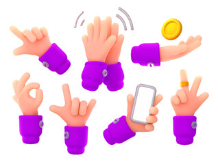 Hand gestures, symbols of victory, ok and rock. Human arms clap, hold phone and gold coin, point direction, 3d render illustration isolated on white background