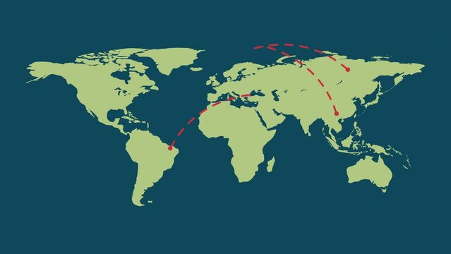 World map of airline airplane flight path. Travel around the world plane route. Motion Animation. Video available in 4K FullHD and HD render footage