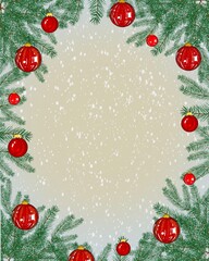 Christmas rectangular frame of red Christmas balls and fir branches, copy space. New Year composition illustration, hand drawing