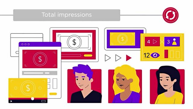 Total impressions. The total number of impressions in the media plan. Three people in front of the screens.2D.Media plan
