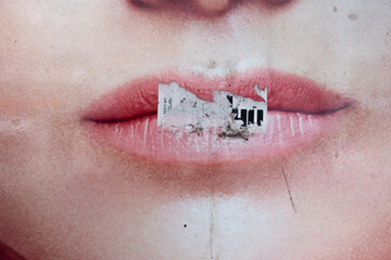 close up of a lips and peeled of sticker background