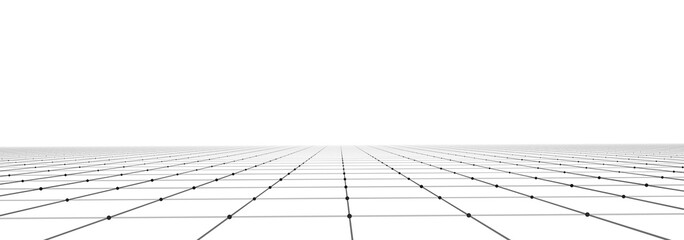 Vector perspective grid on white background. Dots connected by lines. Digital cyberspace. Network connection structure. Vector illustration for website.