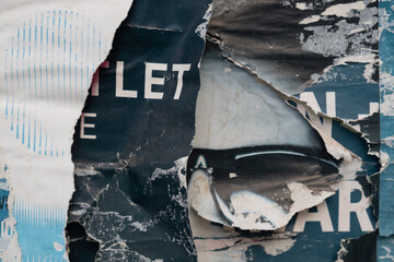 Torn street poster background with text, abstract paper collage