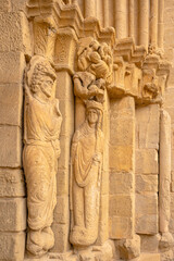Laguardia, Spain. August 5, 2022. Famous Portada de los Abuelos in  Saint John Baptist church, medieval building that combines Romanesque and Gothic styles