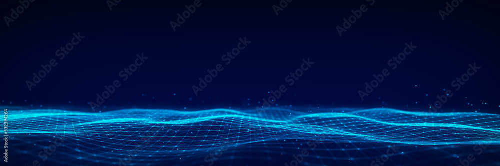 Poster 3D digital dynamic wave. Flow digital structure. Secure cybersecurity data connection. Cyber technology background. 3D rendering.