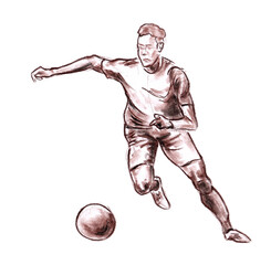Fototapeta na wymiar Soccer player with a ball in attac. Hand made drawn pastel pencil graphic artistic illustration on paper. Isolated on white. Raster