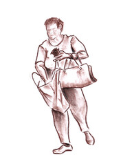Woman during shopping with one hand in bag and wallet in the other. Hand made drawn pastel pencil graphic artistic illustration on paper. Isolated on white. Raster