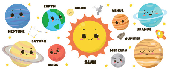 Set of cute universe planet element vector. Solar system with Sun, Mercury, Venus, Earth, Moon, Earth, Mars, Jupiter, Saturn, Uranus, Neptune. Adorable space collection for kids, education, banner. © TWINS DESIGN STUDIO