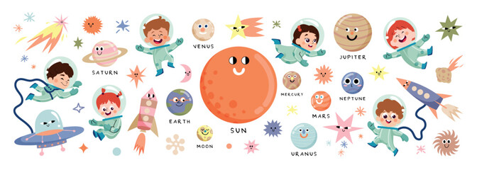 Set of cute universe planet element vector. Solar system with Sun, Mercury, Venus, Earth, Moon, Earth, Mars, Jupiter, Saturn, Uranus, Neptune and astronaut. Adorable space set for kids, education. © TWINS DESIGN STUDIO