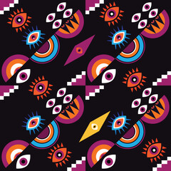 Awesome seamless pattern with esoteric eye different shapes, Magic, witchcraft, occult symbol, colorful line art. fabric, paper, textile. Vector Modern mythic graphic background illustration.
