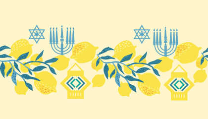 Happy Sukkot border seamless pattern template background . Jewish Feast of Tabernacles with sukkah, lemon, etrog, lulav, Arava, Hadas  Vector icon illustration