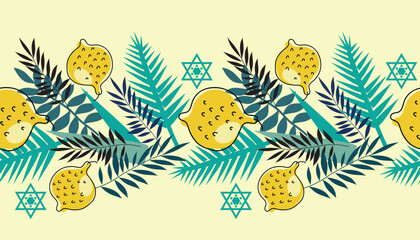 Happy Sukkot border seamless pattern template background . Jewish Feast of Tabernacles with sukkah, lemon, etrog, lulav, Arava, Hadas  Vector icon illustration