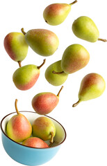 Fresh pears falling into a bowl