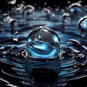 Water drop, water ball, splash on water surface, waves. Photo realistic, concept art, cinematic light, background, wallpaper, illustration