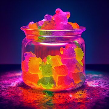 Neon gummies. Fluorescent gummy bears, glowing candies. Vibrant candies colors. 
background, wallpaper, digital art, concept art, landscape, imagination, beautiful, colorful, illustration,