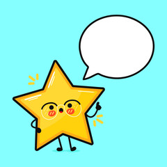 Cute funny star with speech bubble. Vector hand drawn cartoon kawaii character illustration icon. Isolated on blue background. Star character concept