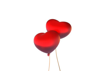 two shiny luminous red love heart shaped balloons on golden string abstract 3D illustration...