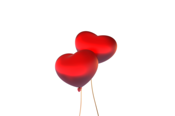 two shiny luminous red love heart shaped balloons on golden string abstract 3D illustration isolated

