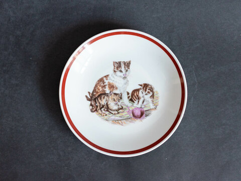 Vintage porcelain plate with cat family pattern