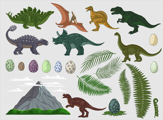 A large set on the theme of dinosaurs. Clipart of dinosaurs, eggs, ferns, palm leaves, volcano. Color illustrations in vintage retro style. Vector. © anna