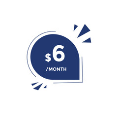 6 dollar USD a month. 6 Dollar price tag label in USD. Six dollar Price tag template

