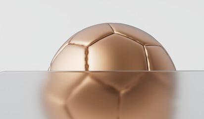 Gold football soccer ball with trendy frosted glass blank label. 3D Rendering