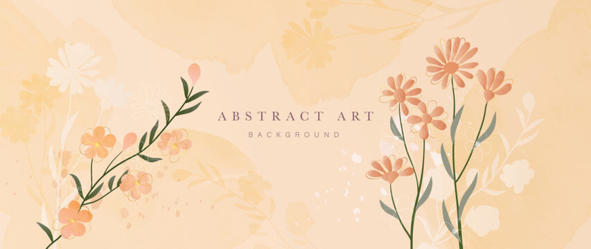 Floral in watercolor vector background. Luxury wallpaper design with wildflowers, gold line, watercolor, leaves, foliage. Elegant gold blossom flowers illustration suitable for fabric, prints, cover.