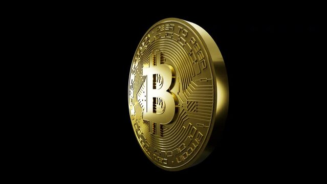Bitcoin crypto currency gold coin spinning loop animation isolated Alpha. Coin. Blockchain technology. Bitcoin mining. Crypto. Digital currency. Decentralized. Stock market. Coin market.