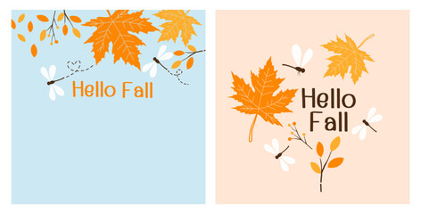 Autumn leaves backgrounds with dragonfly cartoons and hand written font on blue and orange background vector.