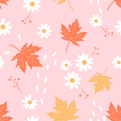 Autumn seamless pattern with maple leaves, daisy flower, berry branches and falling petals on pink background vector. 