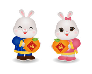 Cute rabbit couple holding orange clipart. Chinese text means blessing