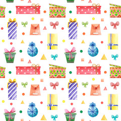 Seamless holiday pattern with watercolor hand-drawn colorful gift boxes with bows.