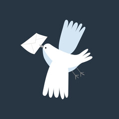 White pigeon postman flies with a mail. Dove delivers letters. Pigeon post. Vector hand drawn illustration.