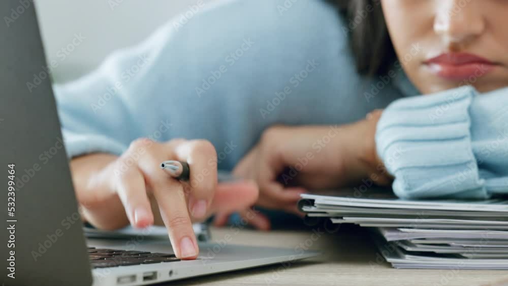 Poster tired student with laptop and books sad with writing quality, research problem or copywriting at a d