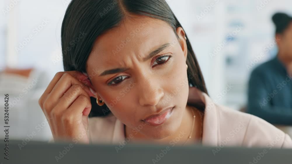 Poster confused, stress and business woman face with laptop 404 glitch, software hack or cyber security ris