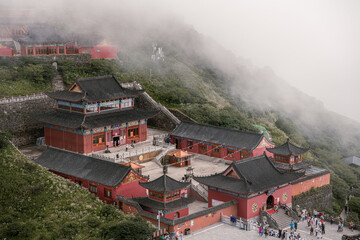 Chengen buddhist temple the view from the new golden summit in Fanjing mountain in Guizhou China, close up