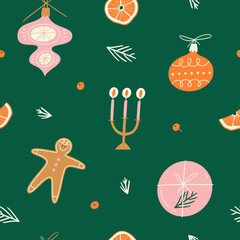 Seamless pattern with Christmas elements. For fabric, wrapping paper and other decoration. 