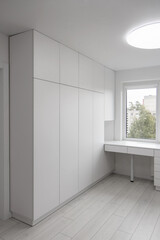 White wardrobe in home interior. Furniture mockup