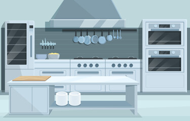 restaurant kitchen interior with equipment, vector illustration