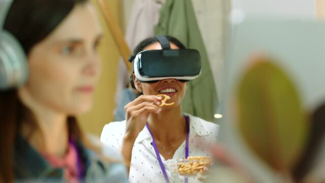 Vr metaverse, woman in office with fun virtual reality glasses, digital innovation and young employee testing product at work. Future ui technology, creative iot eyewear and startup website company