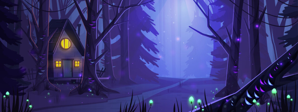 Witch house in dark wood with glowing mushrooms grow on trees and ground. Night forest landscape with old shack and fireflies flying around. Fantasy game mystic background, Cartoon vector illustration