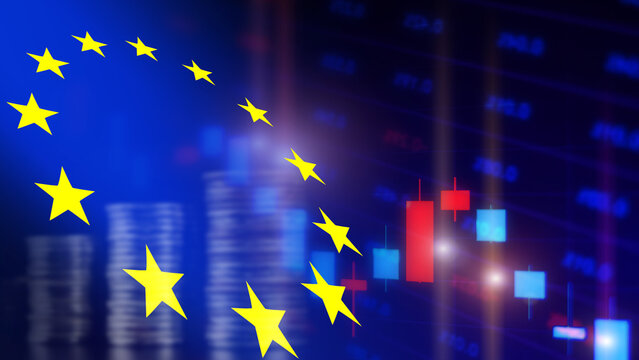 A Stock market background with a Flag of the European Union and market charts - Powered by Adobe